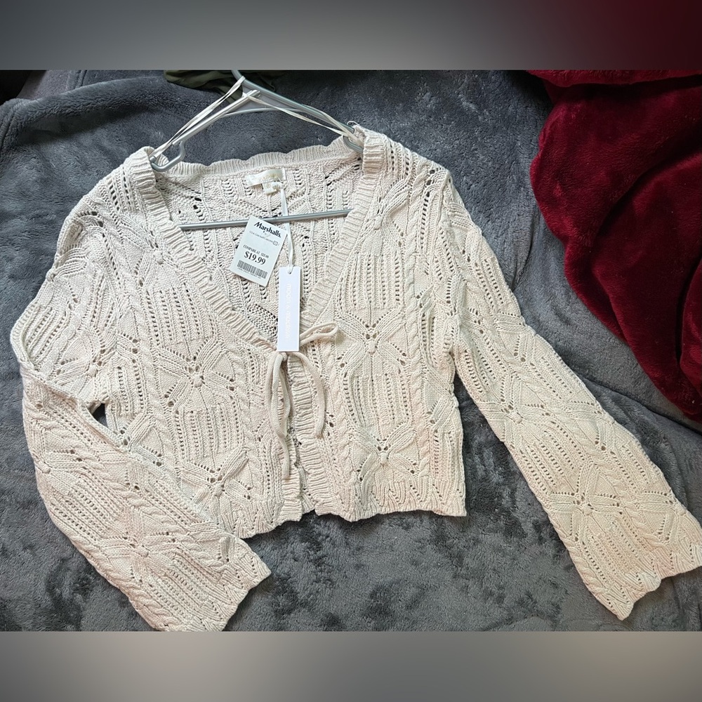 Cream Crochet Tie-Front Cardigan
